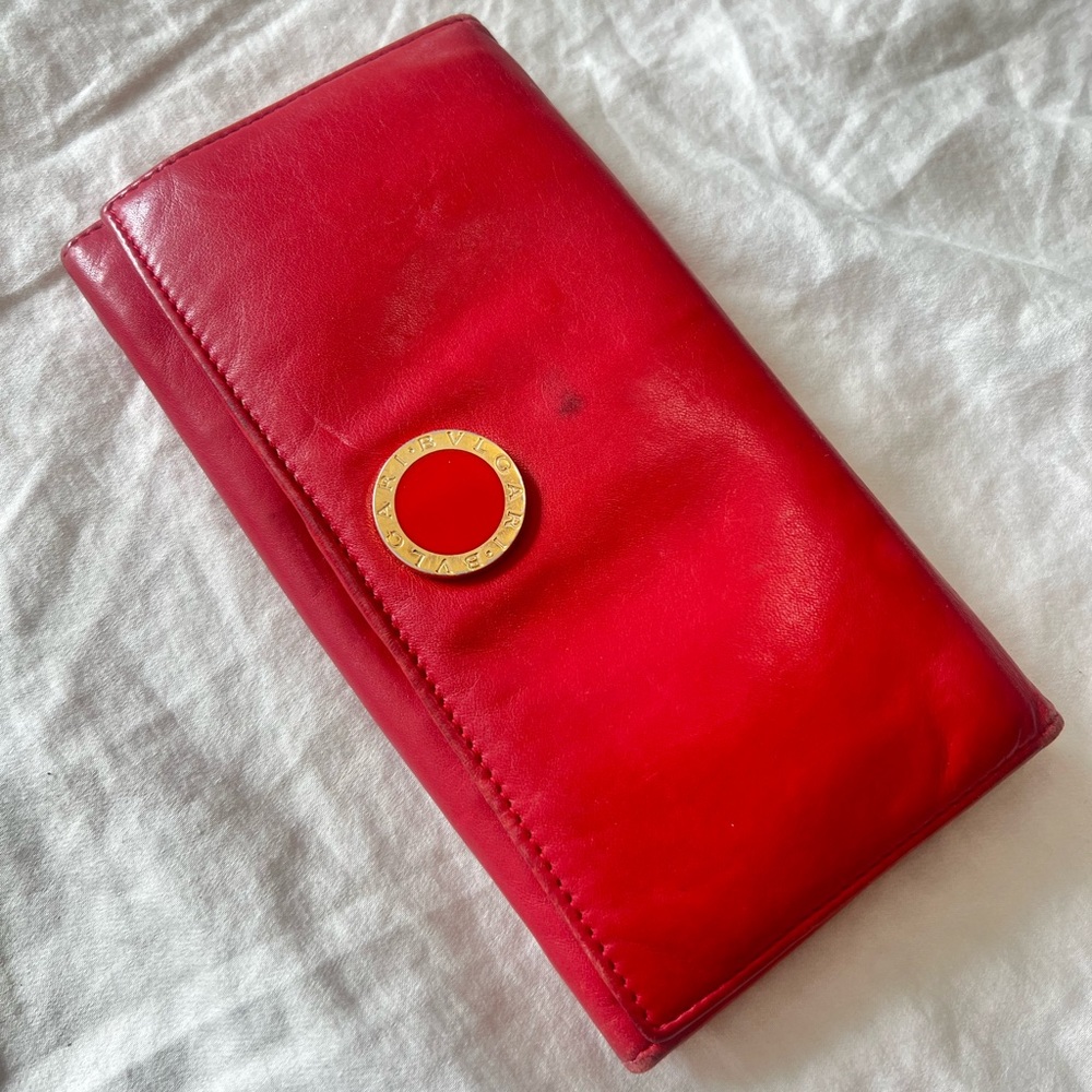 Bvlgari Red Leather Snap Bifold Long Wallet